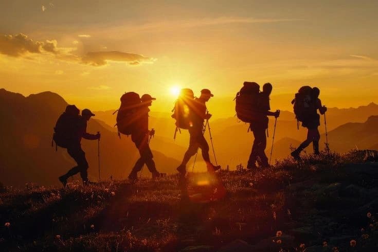 Hikers silhouetted against a sunset